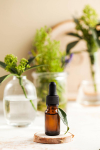 皮肤护理。面部和身体特写的保湿精华液或油，在花瓶里的绿色植物后面。