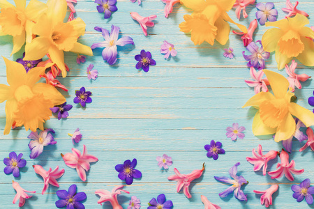 spring flowers on old blue wooden background 