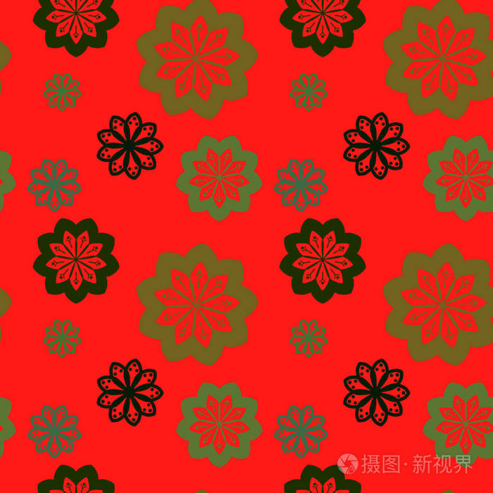 无缝重复图案红色背景上有绿色花朵