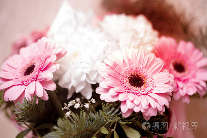 一束美丽的菊花和非洲菊花束 呈粉红色 照片 正版商用图片 摄图新视界