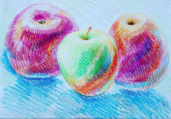 画彩色蜡笔苹果静物