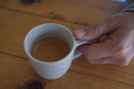 Closeup coffee in my hand , Hand of woman hold a cup of coffee 