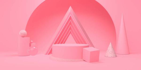 抽象粉色工作室，带讲台和几何图形粉彩，用于化妆品或产品的3d渲染