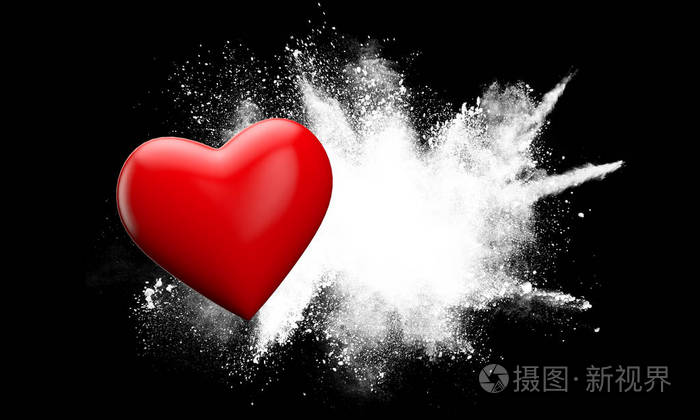 红色的爱之心对着一颗垃圾粉爆炸三维渲染