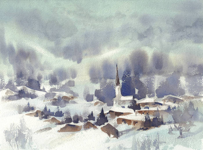 阿尔卑斯山冬季风景水彩背景 照片 正版商用图片280d52 摄图新视界