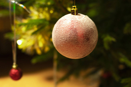 圣诞球挂在树枝上的特写镜头。带文本位置