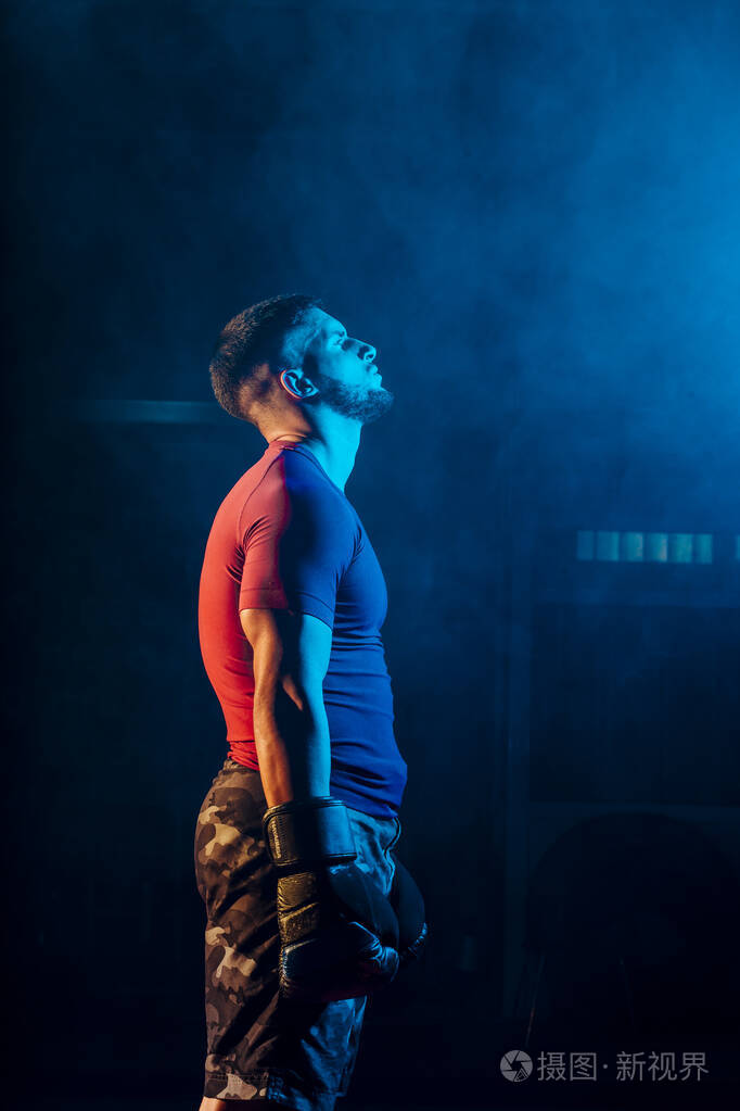 肖像英俊肌肉发达的拳击手戴着职业手套身后烟雾缭绕