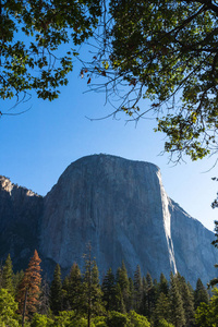 在阳光明媚的夏日，从下面俯瞰标志性的El Capitan。约塞米蒂山谷位于美国加利福尼亚州