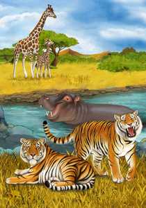 河马在河里游泳的卡通场景图片