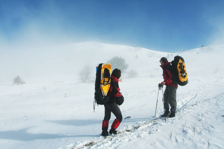 外部 徒步旅行 登山者 攀登 季节 登山 冬天 雪鞋 高的