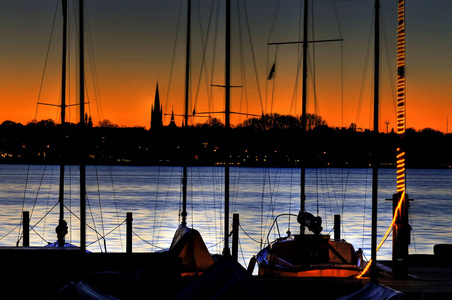 傍晚 城市 日落 海洋 大都市 帆船 长者 汉堡 德国 水域
