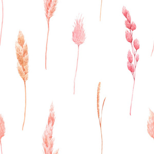 美丽的无缝图案与水彩植物标本室野生干草在粉红色和黄色。库存说明。