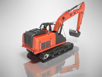 3D rendering red crawler excavator rear view on gray background 