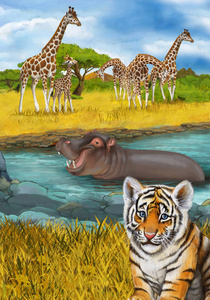 河马在河里游泳的卡通场景图片