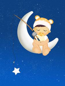 小孩 可爱的 渔夫 星星 插图 梦想 有趣的 宝贝 钓鱼