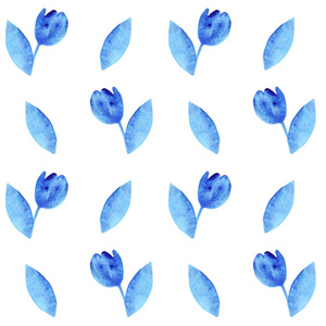 水彩画剪影蓝色简单郁金香叶无缝图案在白色背景