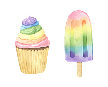 水彩彩虹冰淇淋纸杯蛋糕