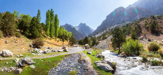 Scenery summer panorama of mountains, stormy mountain river and 