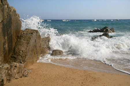 加泰罗尼亚 海滩 波浪 岩石 裂纹 西班牙 海滨