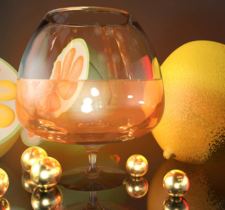 3d render illustration of lemon lime half cognac glass and gold 