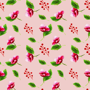 Pattern watercolor ornamental flowers with leaves on the backgro