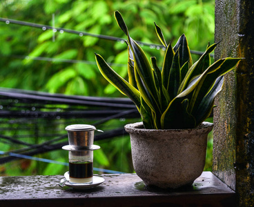 Vietnamese black hot coffee at the vintage coffee shop 