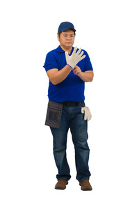 asian man worker in blue shirt with Waist bag for equipment are 