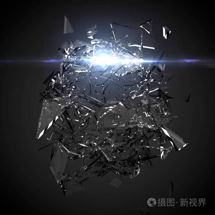 碎玻璃球黑色背景三维插图三维渲染