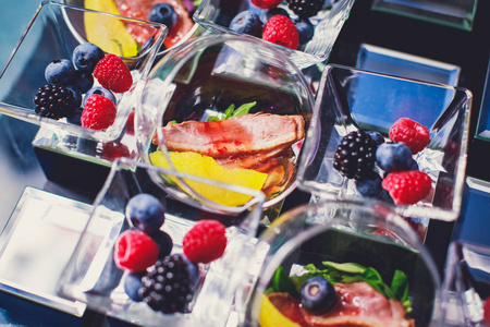 Beautifully decorated catering banquet table with different food