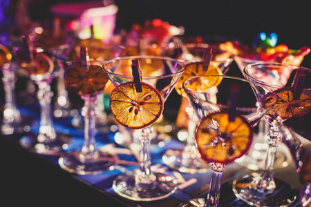 View of alcohol setting on catering banquet table, row line of d