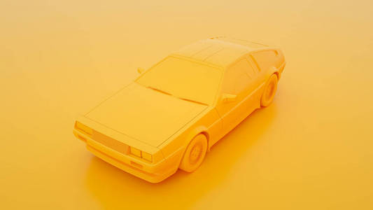 复古的未来派汽车80年代风格的黄色背景。最小的概念。三维插图