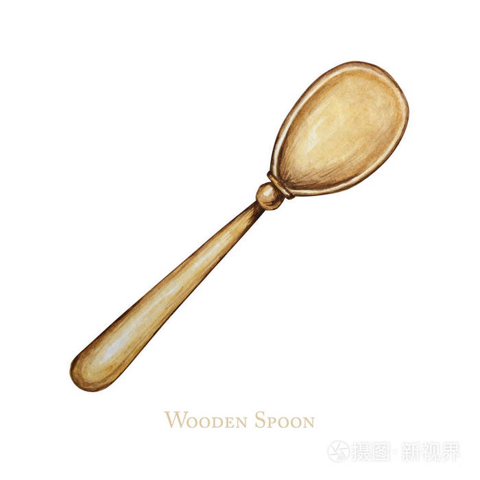 手绘木制勺子厨房配件烘焙水彩插图孤立在白色背景上它的烹饪时间烘焙
