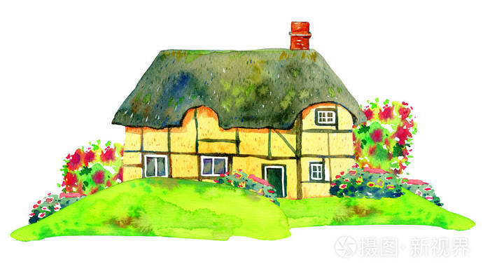 英国乡村建筑和草坪上的植物 水彩画古石欧洲之家 手绘插图照片 正版商用图片286f7c 摄图新视界