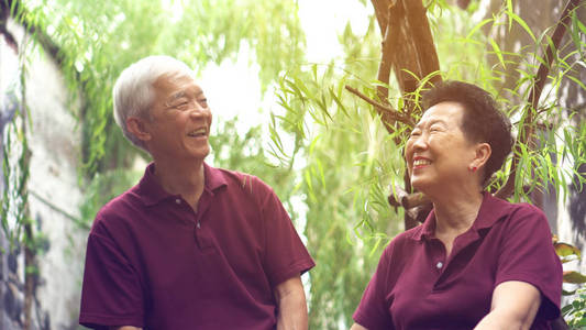 中国老年笑快乐的退休亚洲老年夫妇在绿柳树下欢笑照片
