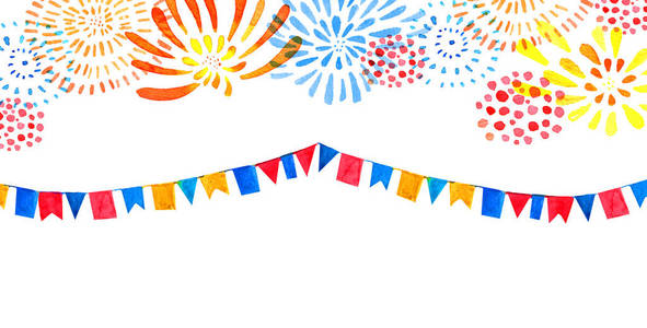 手绘水彩画水平插图与孤立的颜色风格化烟花和旗帜照片