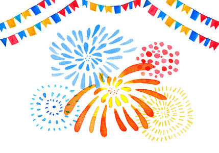 手绘水彩画插图与孤立的颜色风格烟花和花环的旗帜照片