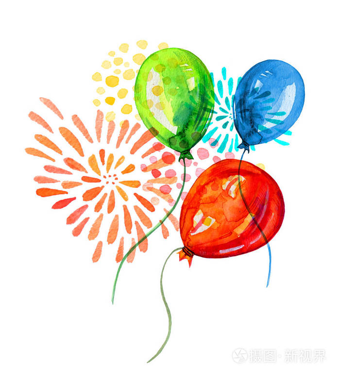 手绘水彩插画与彩色风格化烟花