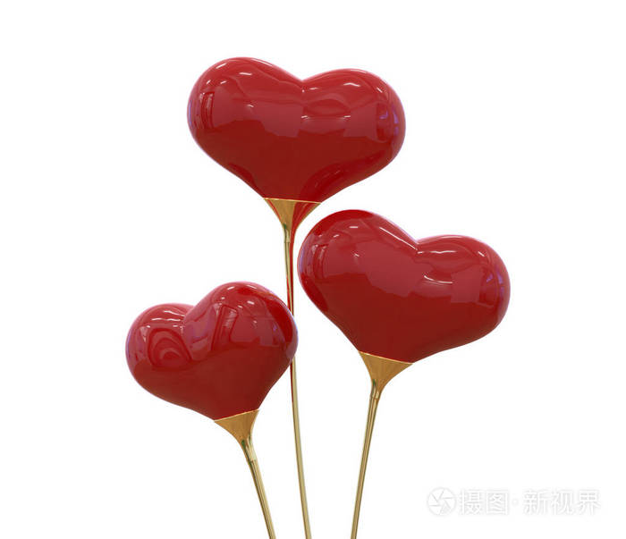 情人节3d渲染三颗心放在一个金架子上