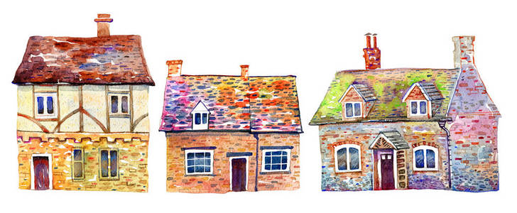 水彩画欧洲古老的石头房子.手绘插图照片