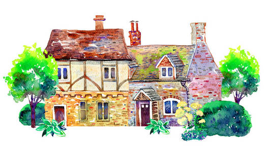 水彩画欧洲古老的石头房子.手绘插图照片