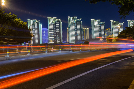 Night view of Sanya city with bright multicolored illumination 