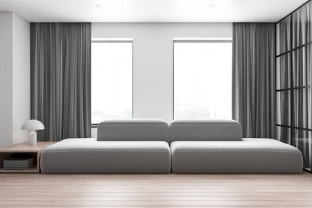 宽敞的白色客厅，灰色沙发