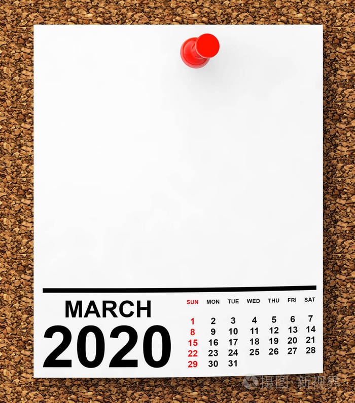 日历2020年3月在空白纸条上三维渲染
