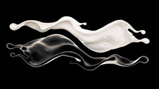 白色和黑色液体飞溅。三维插图，三维渲染。