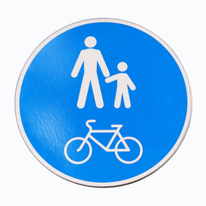 白人在蓝色背景上签名和骑自行车.道路和交通安全.城市区域的符号.