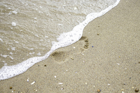 在冲走海浪的沙子上留下了人类的足迹