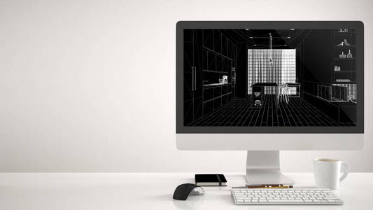 建筑师住宅项目概念，白色背景的台式电脑，显示CAD草图的办公桌，带岛和凳子的现代厨房，概念性室内设计