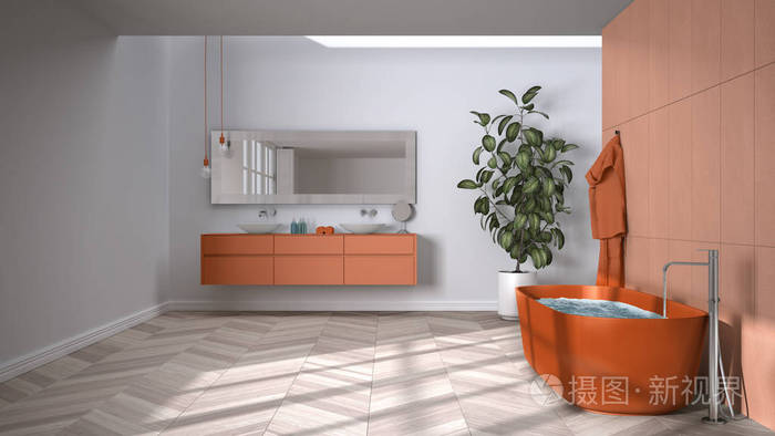 宽敞的橙色浴室，带人字形拼花地板特写独立浴缸带毛巾和瓶子的双水槽镜子盆栽植物极简主义室内设计