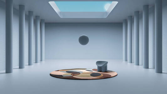 混凝土蓝色墙壁,带扶手椅的圆形地毯,悬浮在空中的球,开放式天花板