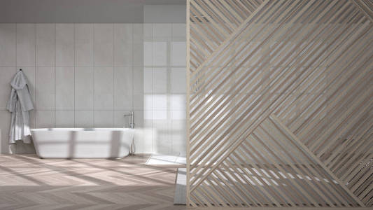 木质面板特写，带步入式淋浴独立浴缸和地毯的最小豪华浴室。极简禅宗室内设计理念，当代建筑模板
